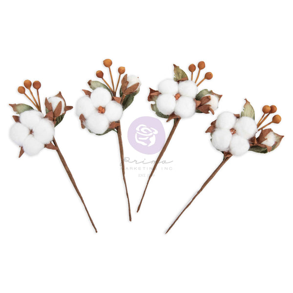 Decorative floral picks with cotton-like flowers and brown buds on a white background.