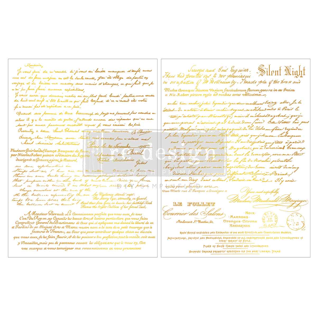 Re-design with Prima GILDED NOEL SCRIPT 8.5 x 11 Middy Gold FOIL Transfers 2 sheets #684150 Limited Edition