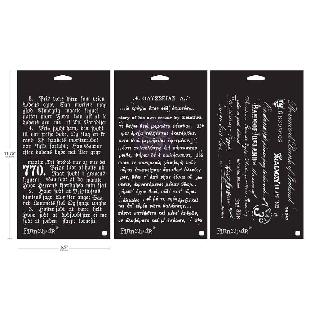 Three black rectangular stencils with text and branding on a white background