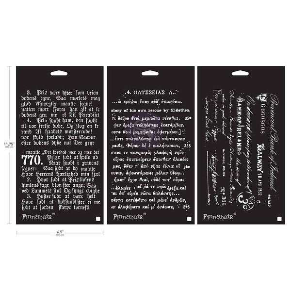 Three black rectangular stencils with text and branding on a white background