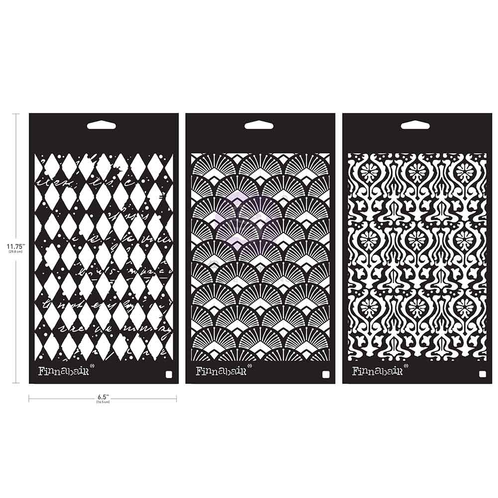 Three black and white patterned stencils with 'Finnabair' branding on a white background.