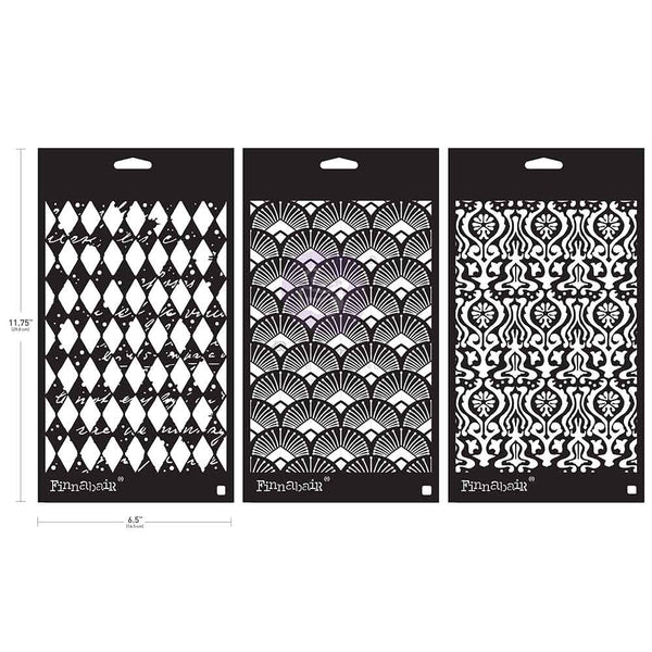 Three black and white patterned stencils with 'Finnabair' branding on a white background.