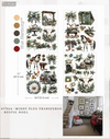 A product sheet for Middy Plus Transfers featuring 'Rustic Noel' designs from the Hue Harmony collection. The sheet displays multiple designs of vintage Christmas illustrations, including horses, a fireplace, a tractor, wreaths, and rustic cabins, along with color swatches and dimensions.