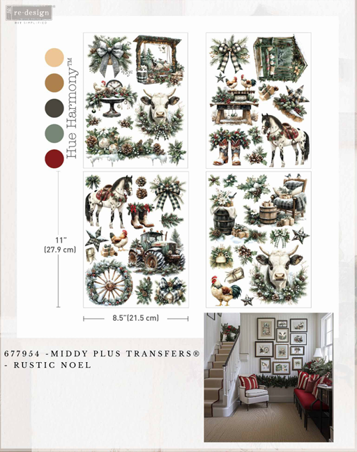 A product sheet for Middy Plus Transfers featuring 'Rustic Noel' designs from the Hue Harmony collection. The sheet displays multiple designs of vintage Christmas illustrations, including horses, a fireplace, a tractor, wreaths, and rustic cabins, along with color swatches and dimensions.