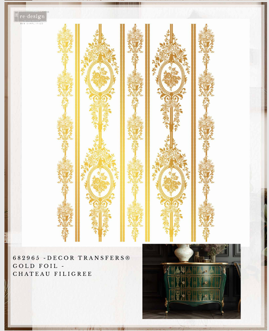 Re-design with Prima Kacha Gold Foil CHATEAU FILIGREE Decor Transfer 18"x24" #682965