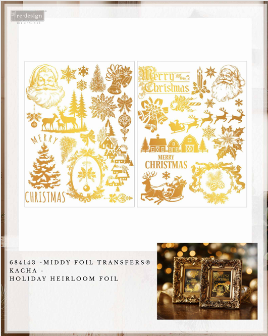 A package of 'fe design' Middy Foil Transfers holiday-themed foil sheets, featuring gold metallic designs of Santa Claus, Christmas trees, snowflakes, and 'Merry Christmas' text on white sheets, with a small photo of two framed holiday portraits at the bottom right.