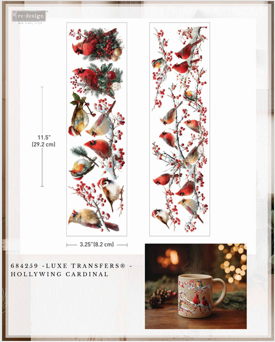 Re-design with Prima HOLLYWING Cardinal Christmas Luxe Transfers NEW 3.25