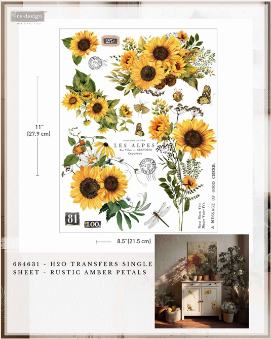 A sheet of floral H2O transfer decals featuring sunflowers, green leaves, butterflies, and vintage-style text, shown on a white background with size markings and a small interior lifestyle photo in the lower right corner.