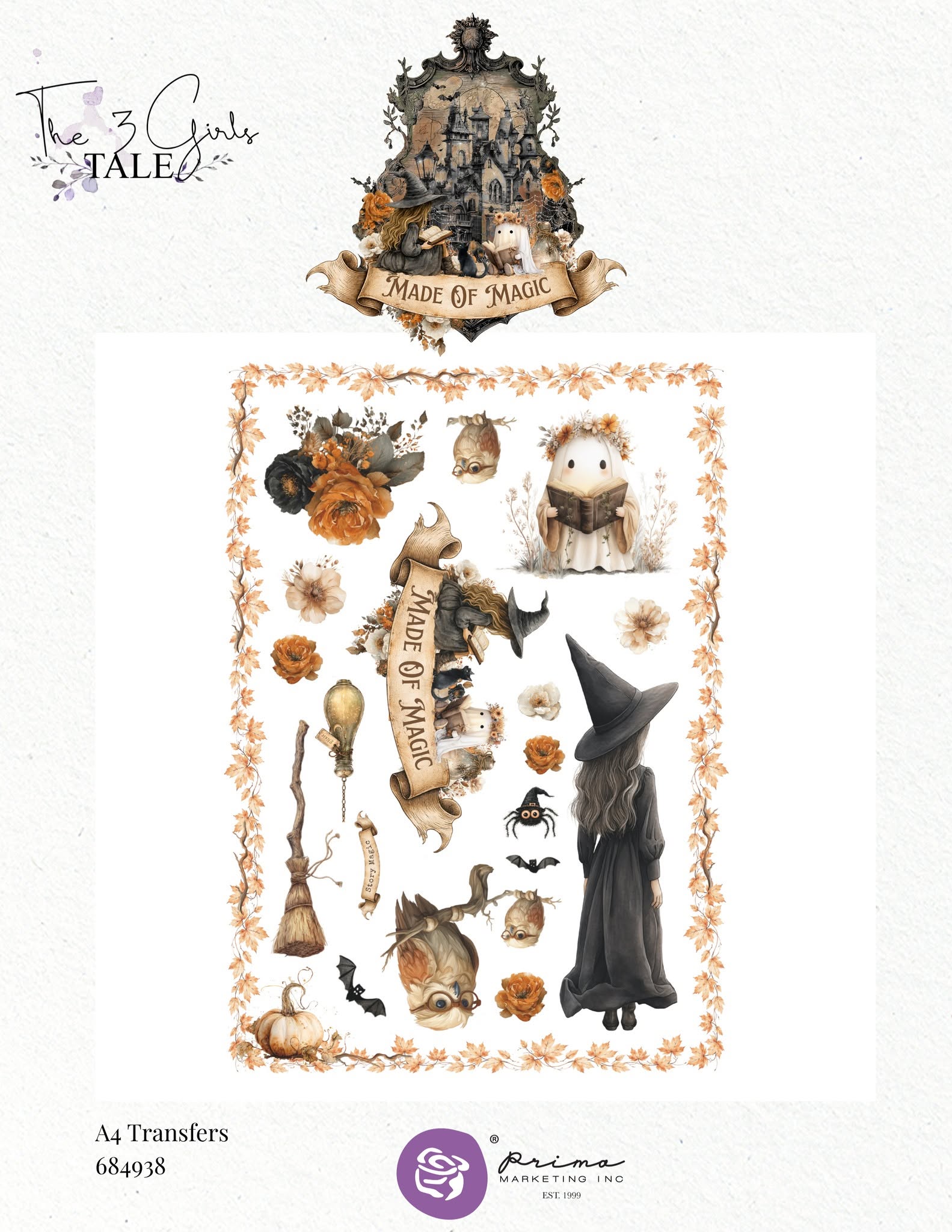 Prima 3 Girls Tale MADE of MAGIC Witch Ghost Halloween A4 8.3x11.7 Rub On Transfer #684938