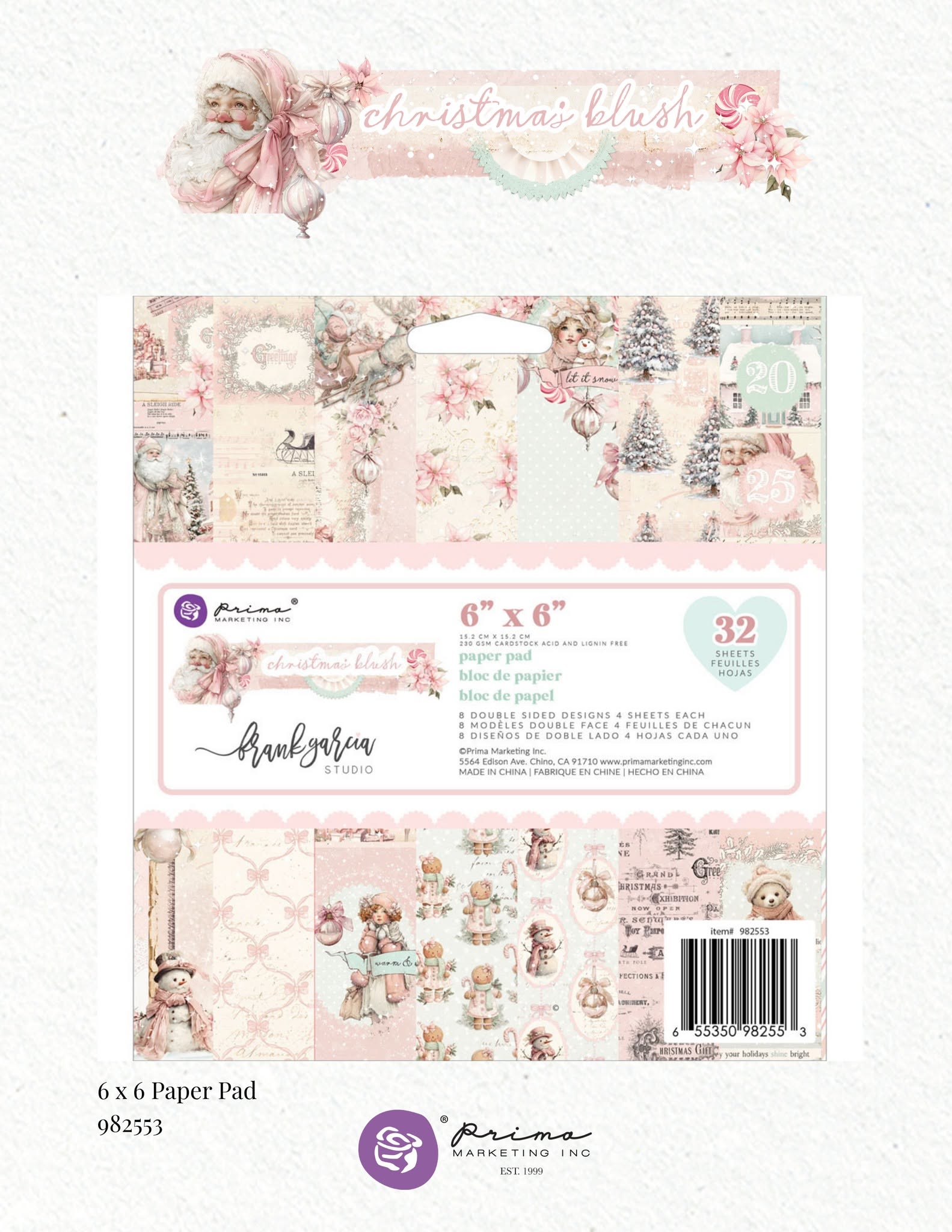 Prima Marketing Inc. 'Christmas Blush' 6x6 paper pad packaging, featuring a pastel pink and cream design with illustrations of teddy bears, Christmas trees, and vintage motifs.
