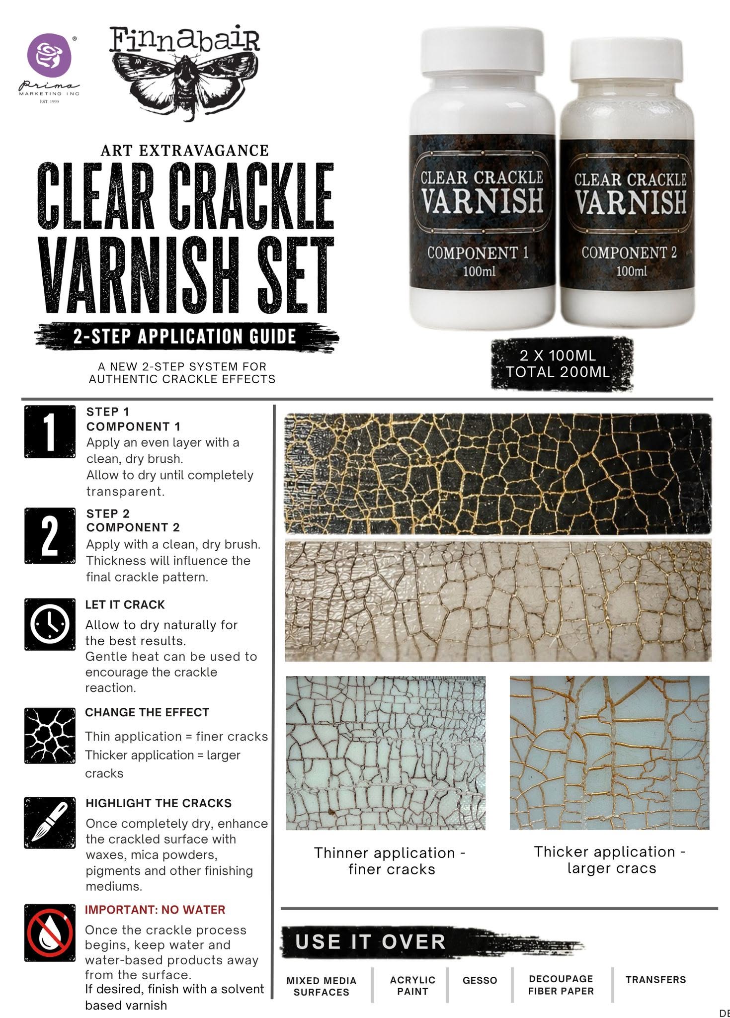 Prima Finnabair Art Extravagance CLEAR CRACKLE VARNISH Set - Parts 1 and 2 100ml each #951917