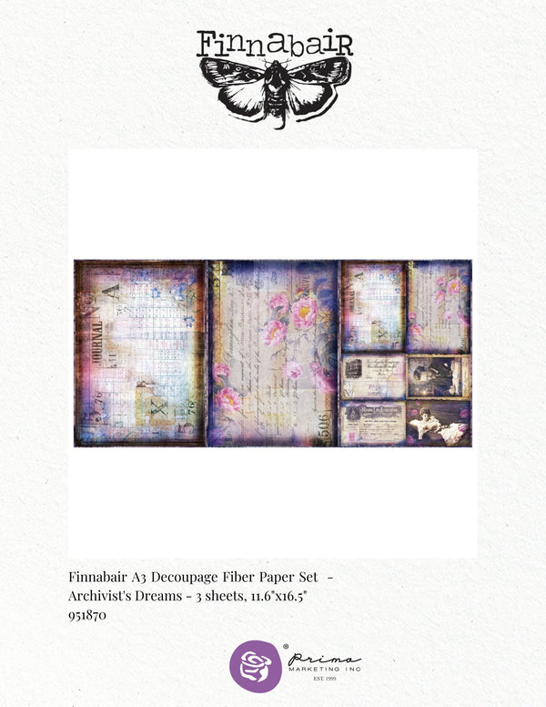 Finnabair Prima ARCHIVIST'S DREAMS A3 Decoupage Rice Paper 11.7" x 16.5" 3 SHEETS #951870