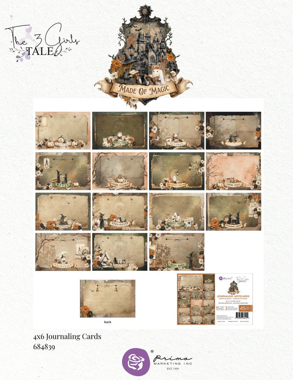 The 3 Gifs TALE 'Made of Magic' journaling card set by Prima, featuring 4x6 vintage-style illustrated cards with a retro aesthetic and a decorative header card.