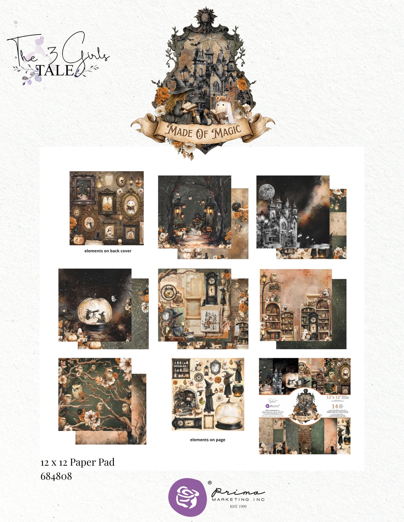 Prima - 3 Girls Tale MADE OF MAGIC Halloween Collection - 12x12 Paper Pad 14 Sheets #684808
