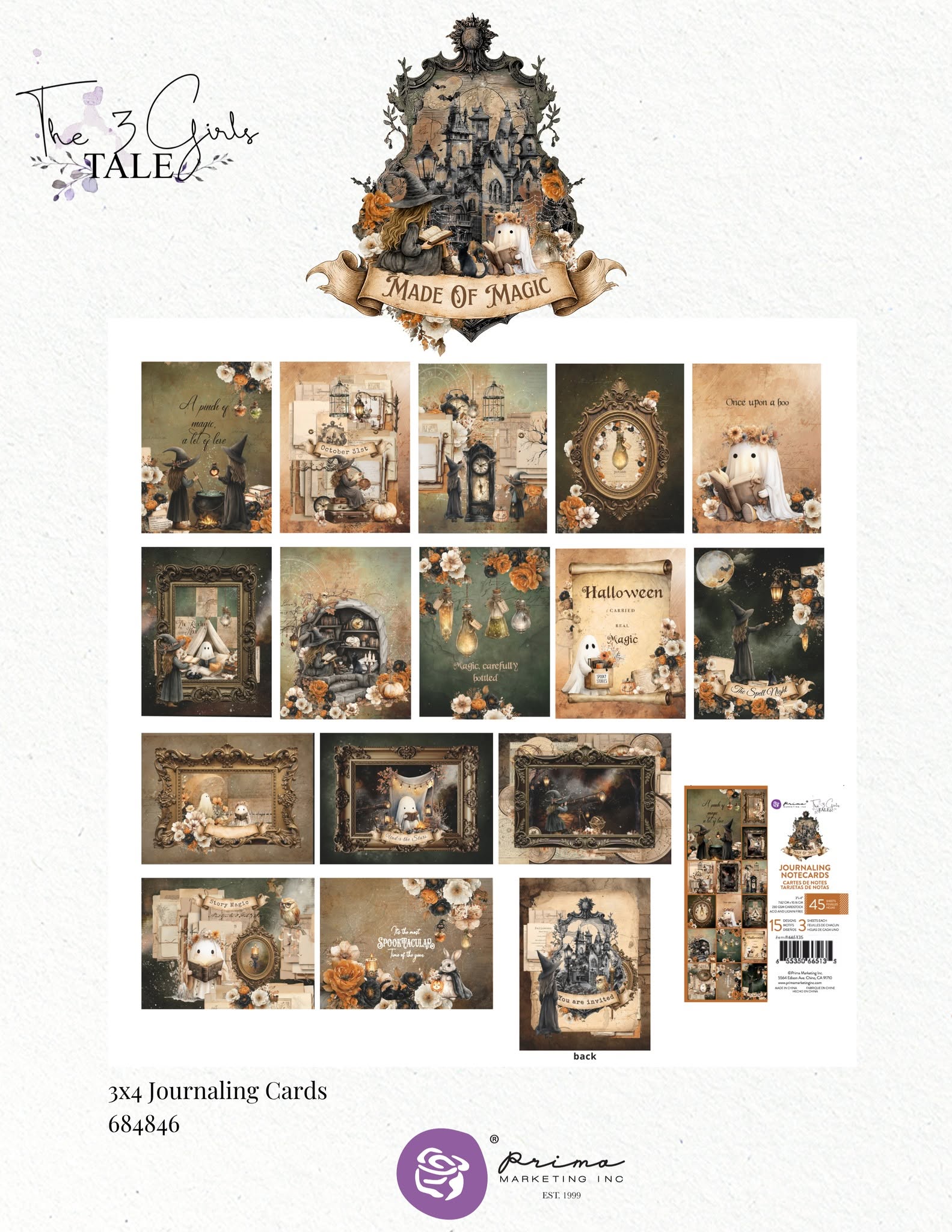 Prima - 3 Girls Tales - MADE OF MAGIC Collection - JOURNALING NOTECARDS 3x4 #684846