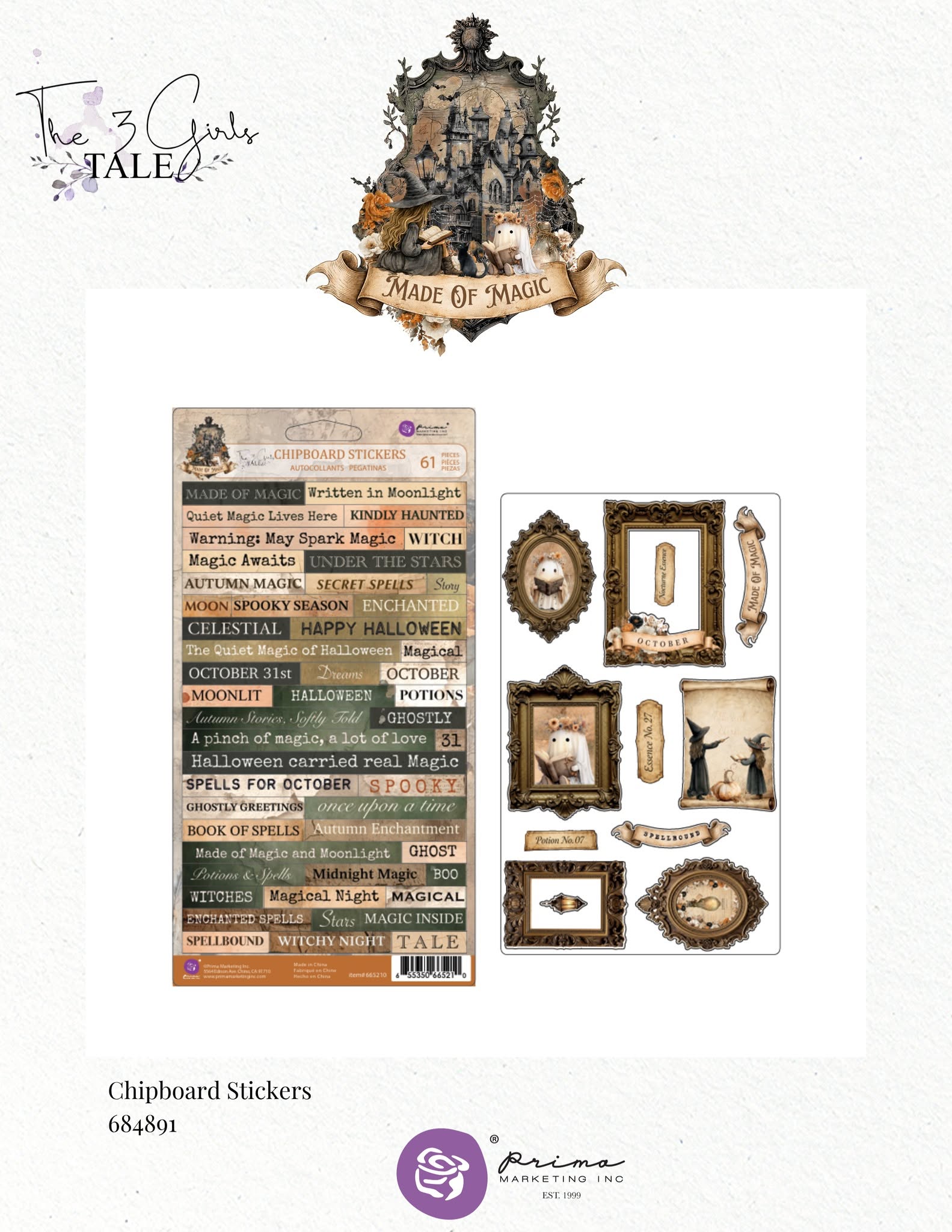Prima -3 Girls Tale - MADE of MAGIC Collection CHIPBOARD Stickers  #684891