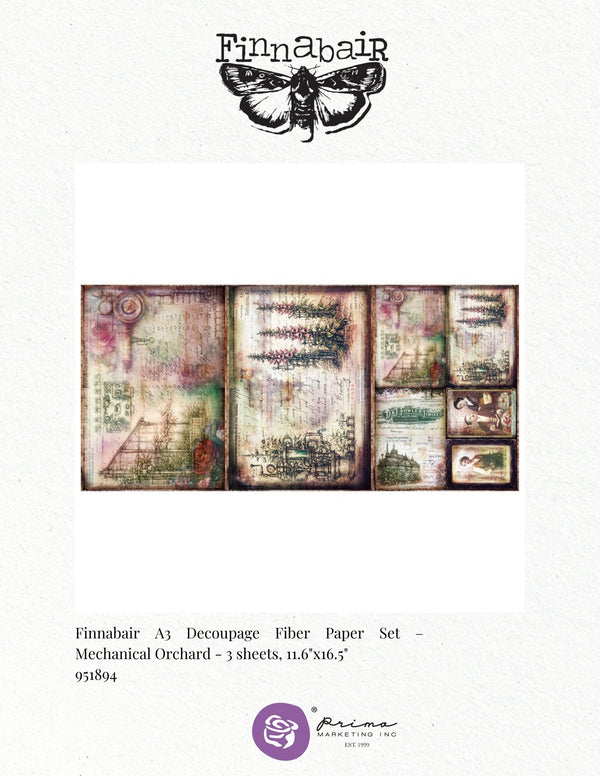 Finnabair Prima MECHANICAL ORCHARD A3 Decoupage Rice Paper 11.7" x 16.5" 3 SHEETS #951894