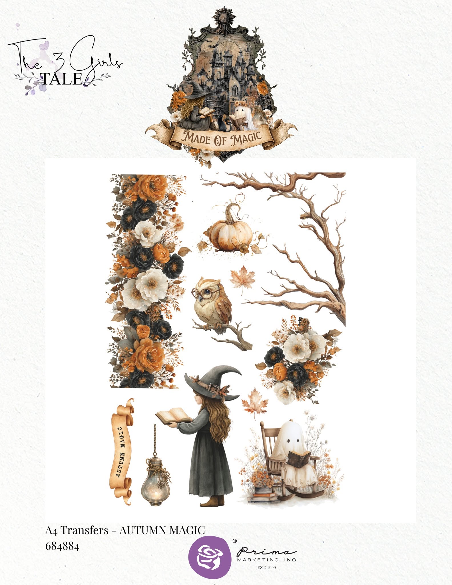 Prima 3 Girls Tale MADE of MAGIC Halloween A4 8.3x11.7 Rub On Transfer #684884