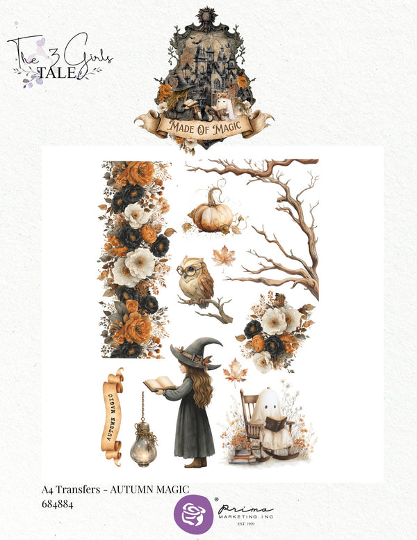 Prima 3 Girls Tale MADE of MAGIC Halloween A4 8.3x11.7 Rub On Transfer #684884