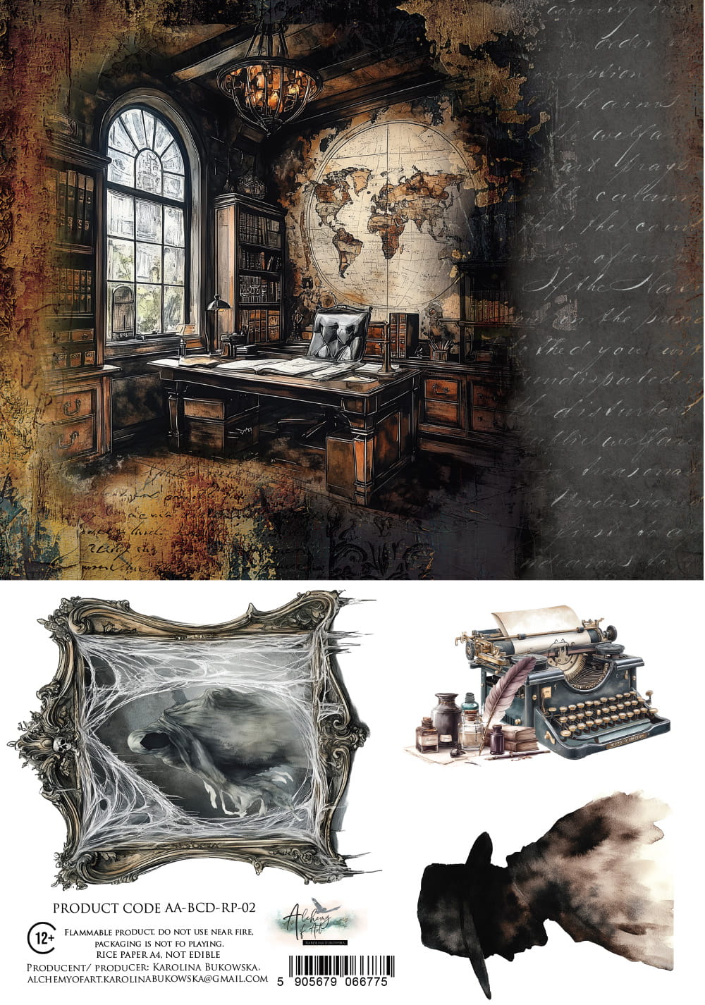 Decorative paper with vintage office scene, world map, and typewriter.