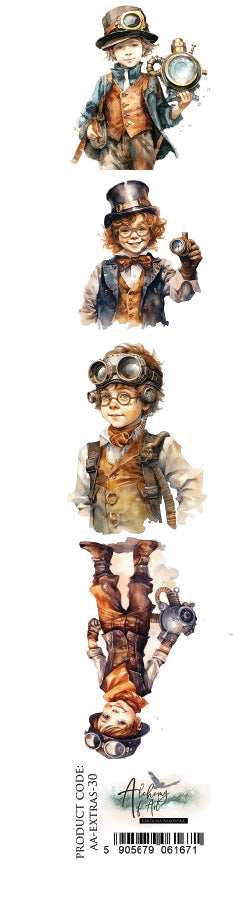 Set of steampunk-themed figurines on a white background