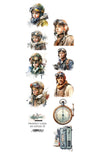 Illustrations of historical figures in military uniforms with a vintage clock and radio on a white background.