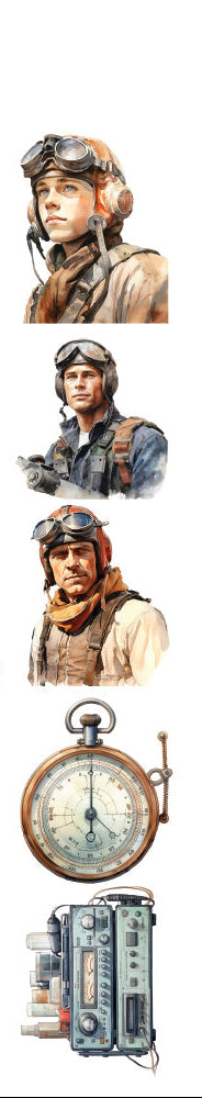 Illustrations of historical figures in military uniforms with a vintage clock and radio on a white background.