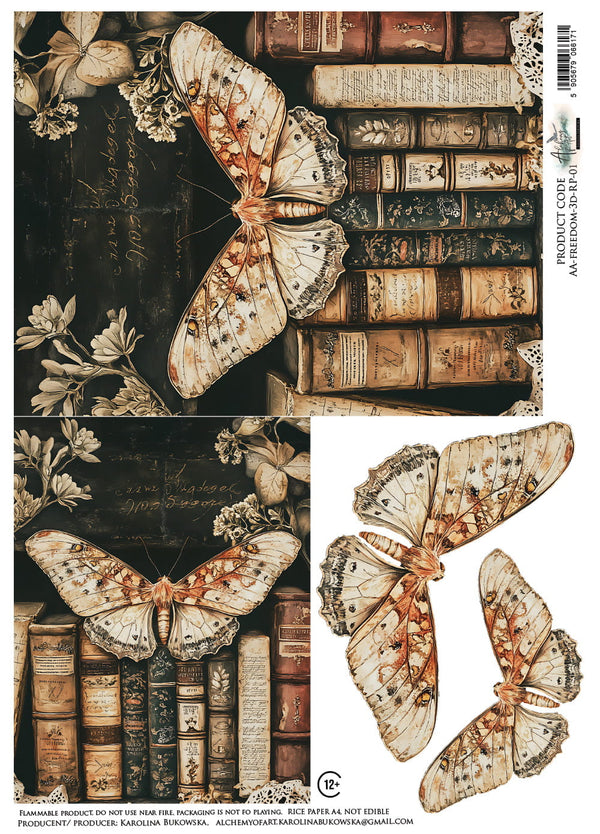 Alchemy of Art FREEDOM - BUTTERFLY BOOKS A4 Decoupage Rice Paper #AA-FREEDOM-3D-RP-01