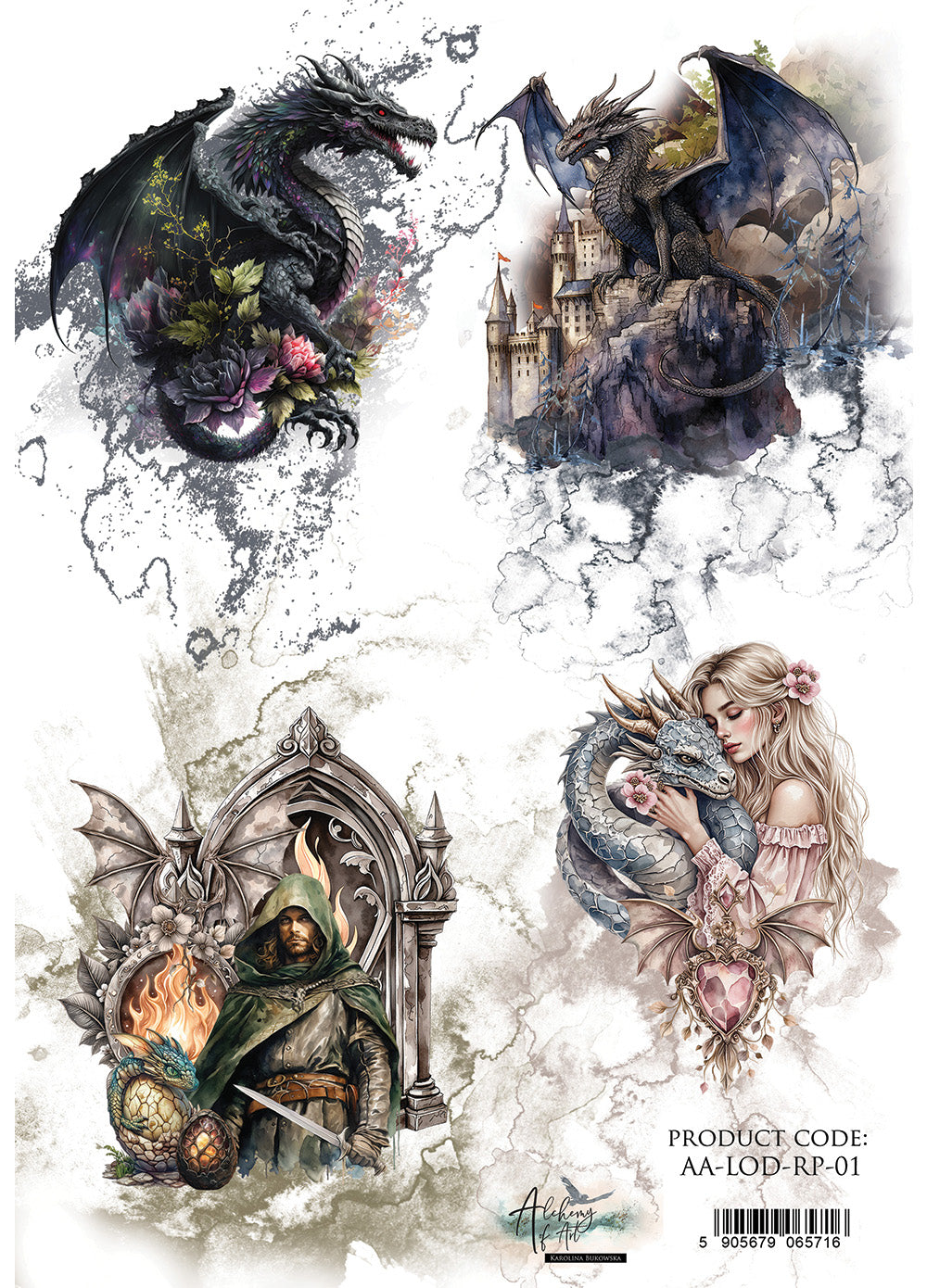 Illustrations of dragons and a castle on a white background with a product code label.