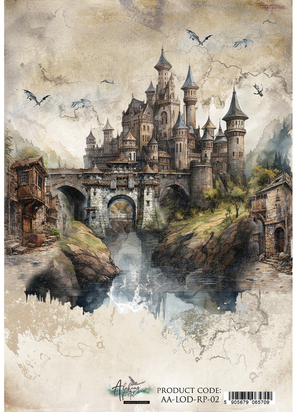 Fantasy castle with turrets and a bridge over water, surrounded by nature.