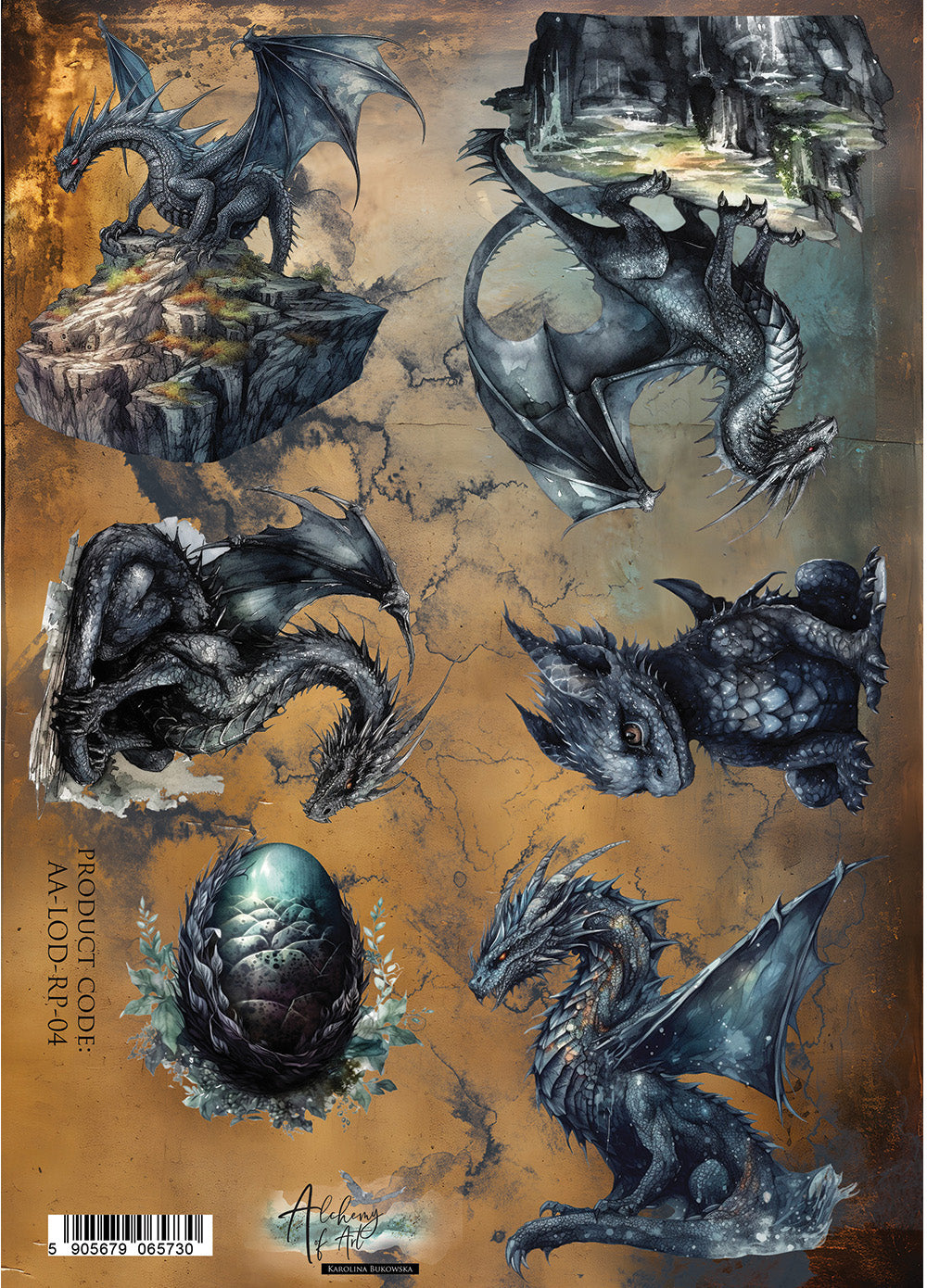 Alchemy of Art LEGENDS of the DRAGONS - BLACK DRAGONS A4 Decoupage Rice Paper #AA-LOD-RP-04