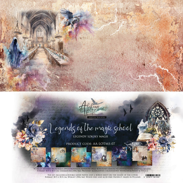 Fantasy-themed product packaging with a magical school design, featuring text and artistic elements.