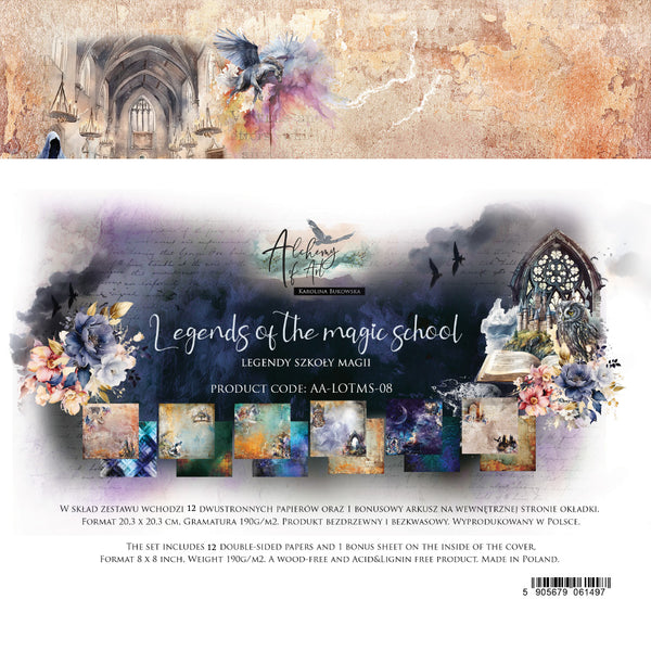 Product packaging for 'Legends of the Magic School' with decorative elements and text.