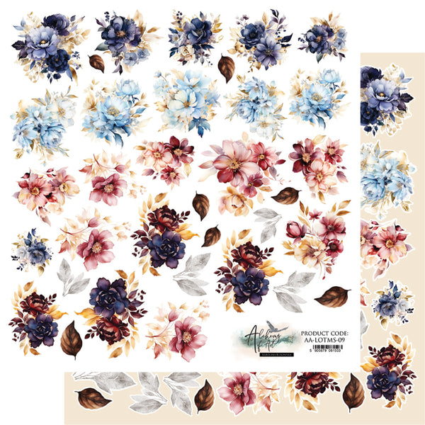 Sheet of floral stickers with various flower designs on a beige background