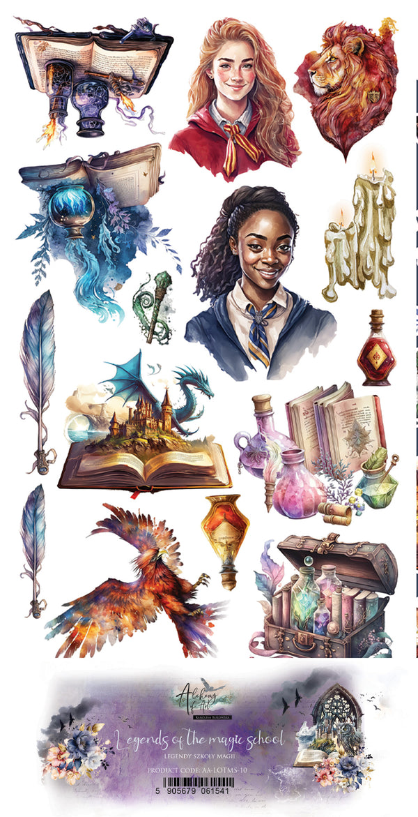 Collection of magical-themed illustrations including a girl, lion, books, and potions.