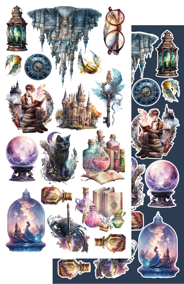 Fantasy-themed FUSSY CUTTING sheet with various elements like castles, cats, books, and lanterns on a blue background.