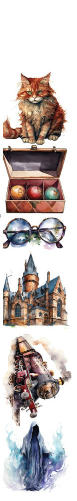 Collection of illustrated items including a car, cat, treasure chest, glasses, castle, and ice sculpture on a white background.