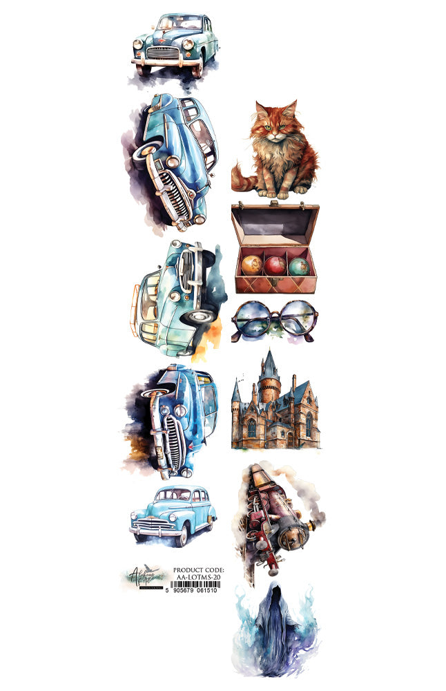 Collection of illustrated items including a car, cat, treasure chest, glasses, castle, and ice sculpture on a white background.