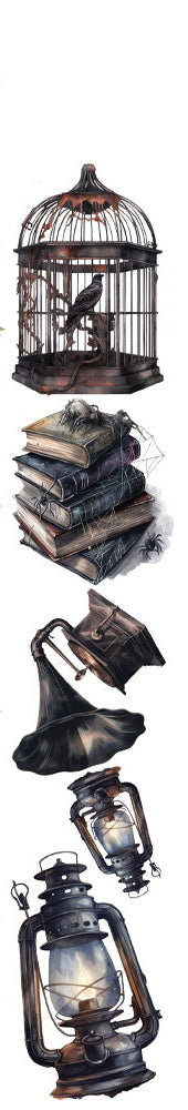 Set of WIZARD-themed FUSSY CUTS including a witch, lantern, books, and other spooky elements on a white background.