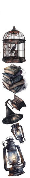 Set of WIZARD-themed FUSSY CUTS including a witch, lantern, books, and other spooky elements on a white background.