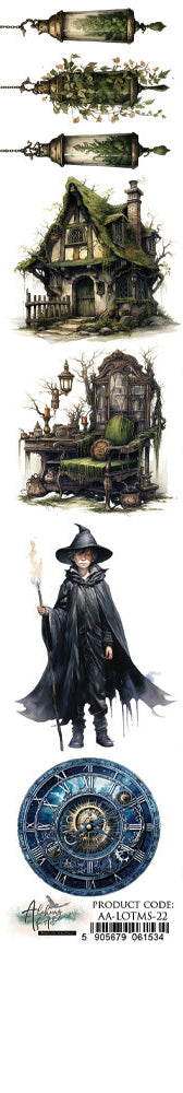 Set of WIZARD-themed FUSSY CUTS including a witch, lantern, books, and other spooky elements on a white background.