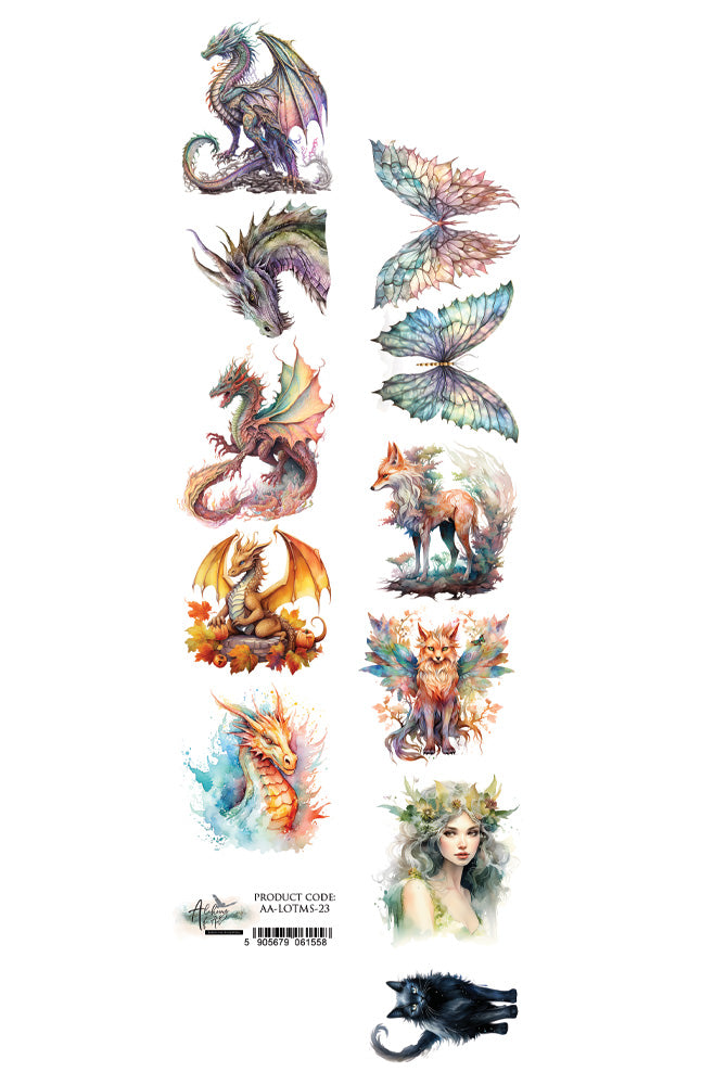 Collection of colorful dragon and fantasy-themed FUSSY CUTS on a white background.