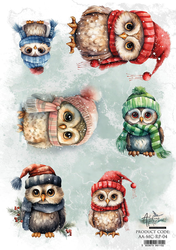 Alchemy of Art MERRY CHRISTMAS - OWLS A4 Decoupage Rice Paper #AA-MC-RP-04