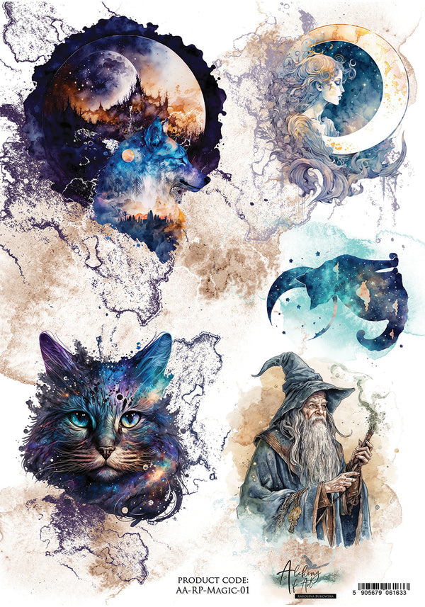 Fantasy-themed design with a cat, wizard, and celestial elements on a beige background.