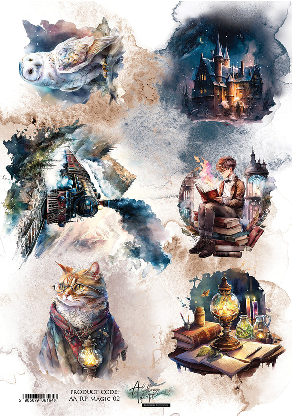 Collage of fantasy-themed illustrations including a castle, owl, train, and books.