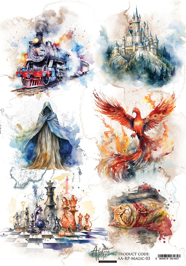 Collection of artistic illustrations including a steam train, castle, phoenix, wizard, chess pieces, and a dragon on a watercolor background.