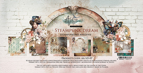 Steampunk-themed product packaging with decorative elements on a white brick wall background.
