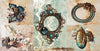Collage of decorative elements including a floral arrangement, ornate mirror, and shell on a textured background.