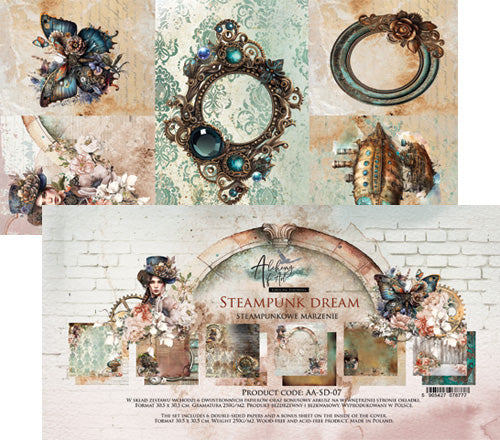 Collage of steampunk-themed design elements with decorative frames and intricate details on a white brick background.