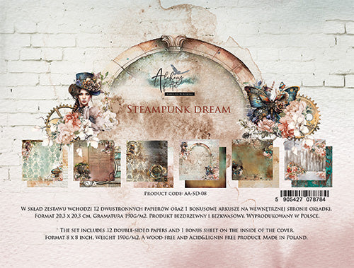 Product packaging for 'Steampunk Dream' with decorative elements and text on a white brick wall background.